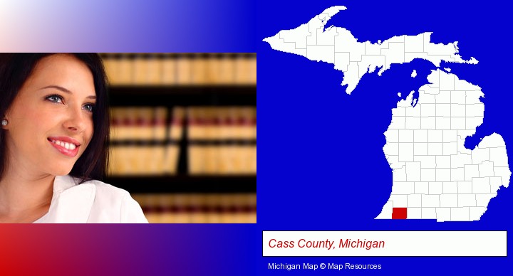 a young, female attorney in a law library; Cass County, Michigan highlighted in red on a map