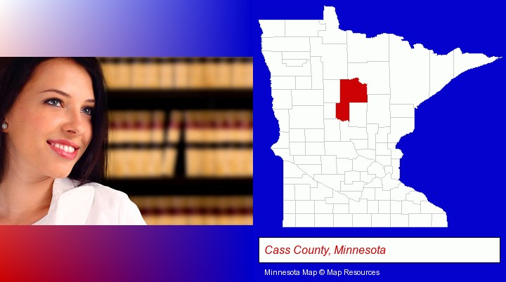 a young, female attorney in a law library; Cass County, Minnesota highlighted in red on a map