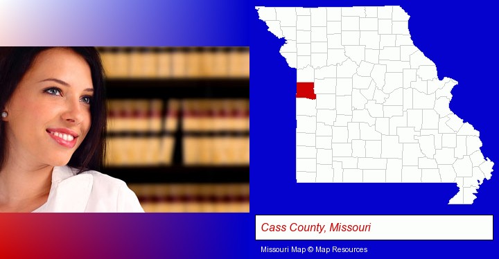 a young, female attorney in a law library; Cass County, Missouri highlighted in red on a map