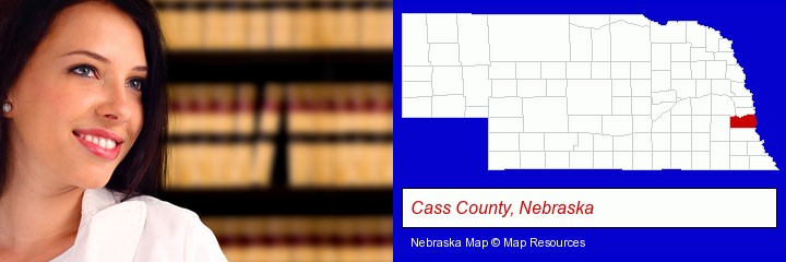 a young, female attorney in a law library; Cass County, Nebraska highlighted in red on a map