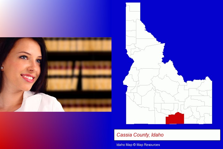 a young, female attorney in a law library; Cassia County, Idaho highlighted in red on a map