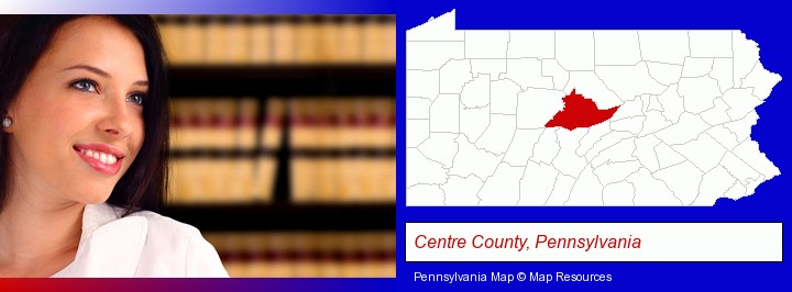 a young, female attorney in a law library; Centre County, Pennsylvania highlighted in red on a map