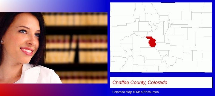 a young, female attorney in a law library; Chaffee County, Colorado highlighted in red on a map