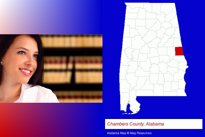 a young, female attorney in a law library; Chambers County, Alabama highlighted in red on a map