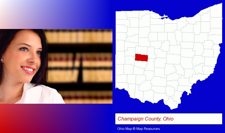 a young, female attorney in a law library; Champaign County, Ohio highlighted in red on a map