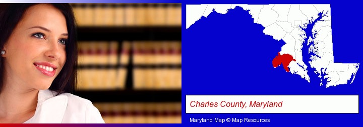 a young, female attorney in a law library; Charles County, Maryland highlighted in red on a map
