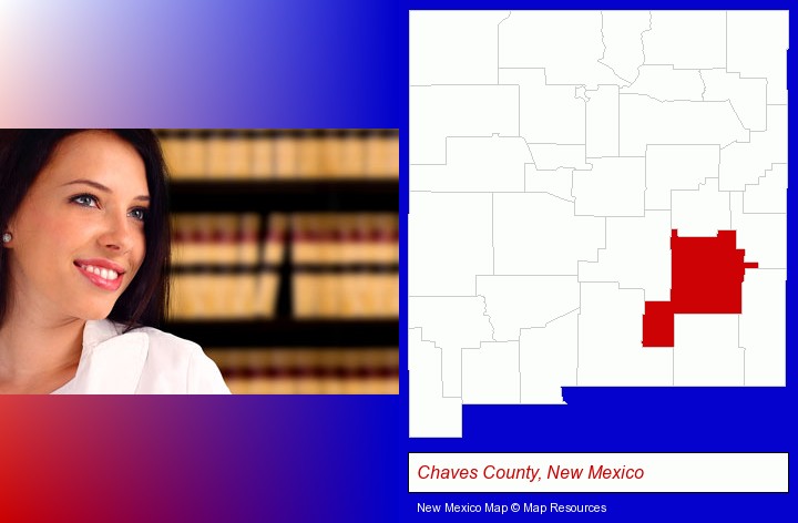 a young, female attorney in a law library; Chaves County, New Mexico highlighted in red on a map