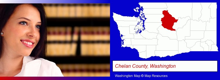 a young, female attorney in a law library; Chelan County, Washington highlighted in red on a map