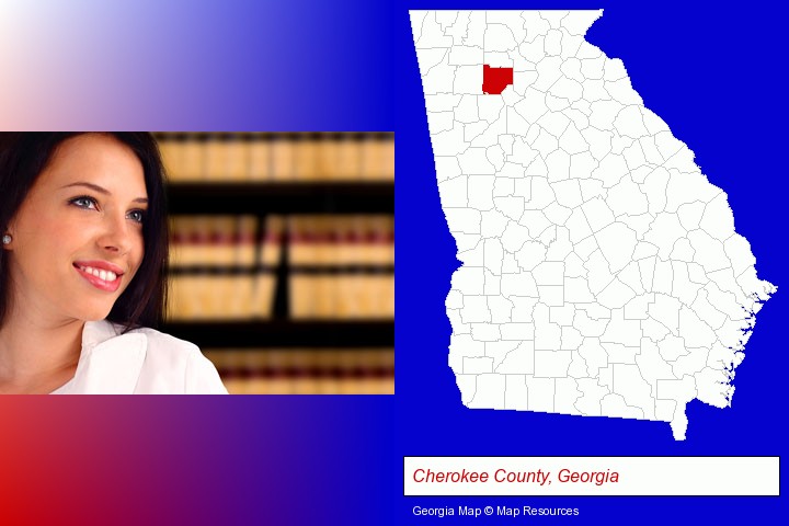 a young, female attorney in a law library; Cherokee County, Georgia highlighted in red on a map