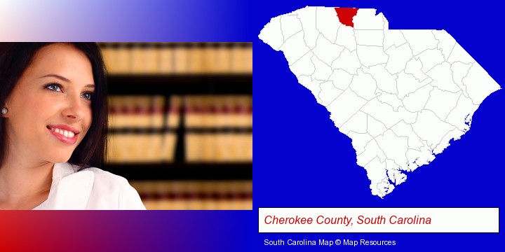 a young, female attorney in a law library; Cherokee County, South Carolina highlighted in red on a map