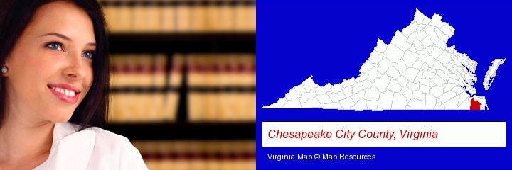 a young, female attorney in a law library; Chesapeake City County, Virginia highlighted in red on a map