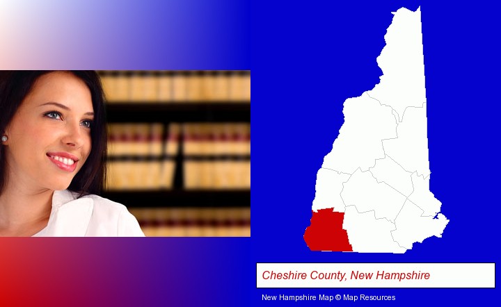 a young, female attorney in a law library; Cheshire County, New Hampshire highlighted in red on a map
