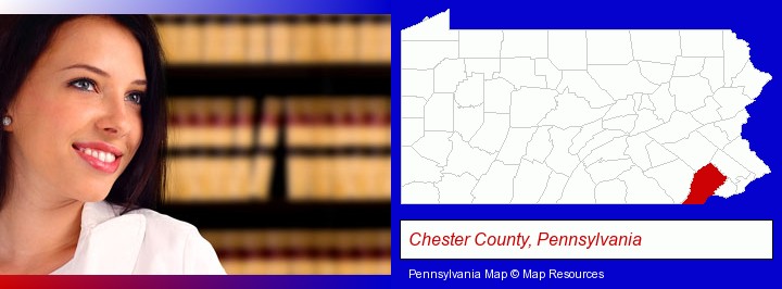 a young, female attorney in a law library; Chester County, Pennsylvania highlighted in red on a map