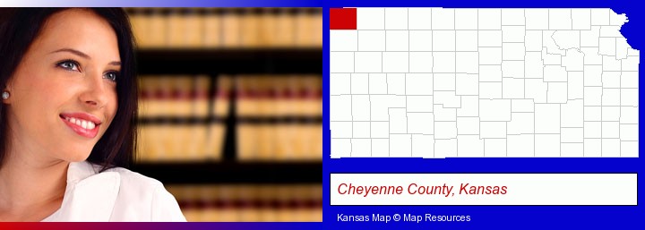 a young, female attorney in a law library; Cheyenne County, Kansas highlighted in red on a map