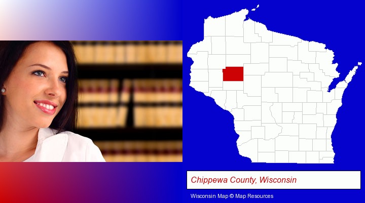 a young, female attorney in a law library; Chippewa County, Wisconsin highlighted in red on a map