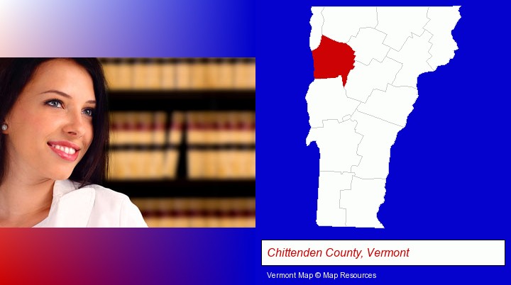 a young, female attorney in a law library; Chittenden County, Vermont highlighted in red on a map