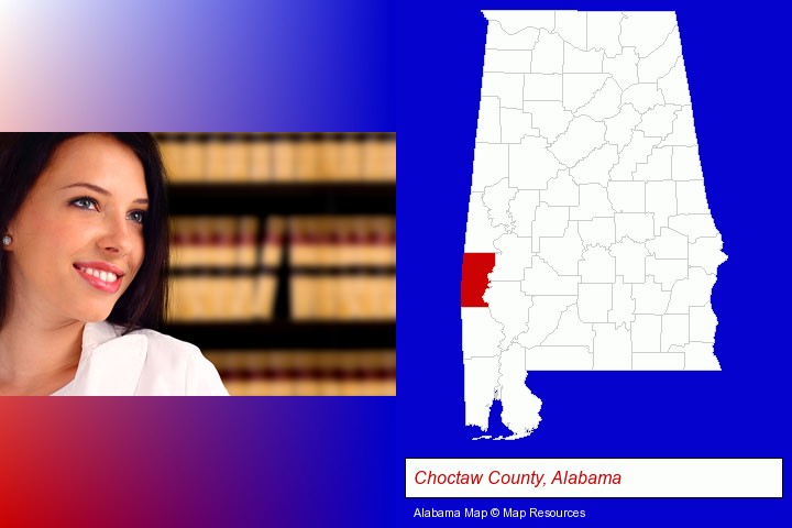 a young, female attorney in a law library; Choctaw County, Alabama highlighted in red on a map