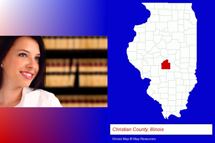 a young, female attorney in a law library; Christian County, Illinois highlighted in red on a map