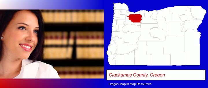 a young, female attorney in a law library; Clackamas County, Oregon highlighted in red on a map