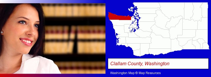 a young, female attorney in a law library; Clallam County, Washington highlighted in red on a map