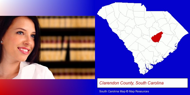 a young, female attorney in a law library; Clarendon County, South Carolina highlighted in red on a map