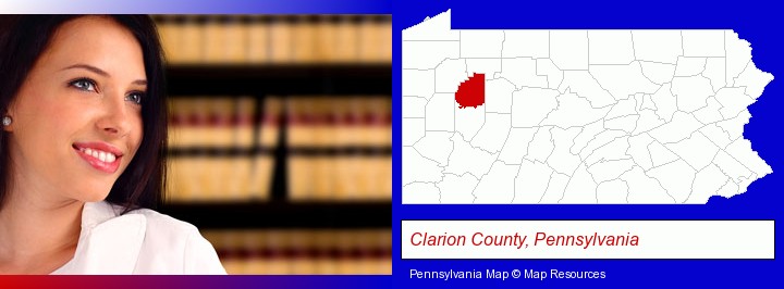 a young, female attorney in a law library; Clarion County, Pennsylvania highlighted in red on a map
