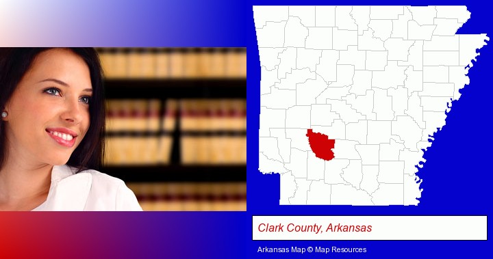 a young, female attorney in a law library; Clark County, Arkansas highlighted in red on a map
