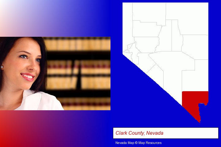 a young, female attorney in a law library; Clark County, Nevada highlighted in red on a map
