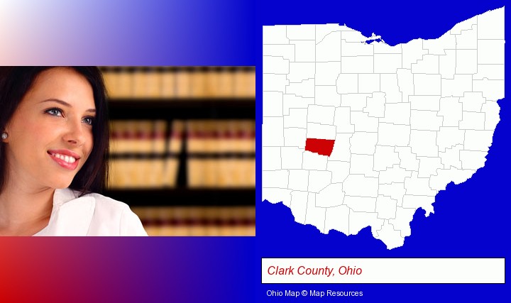 a young, female attorney in a law library; Clark County, Ohio highlighted in red on a map