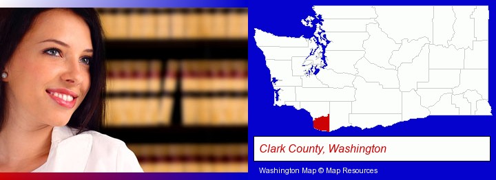 a young, female attorney in a law library; Clark County, Washington highlighted in red on a map
