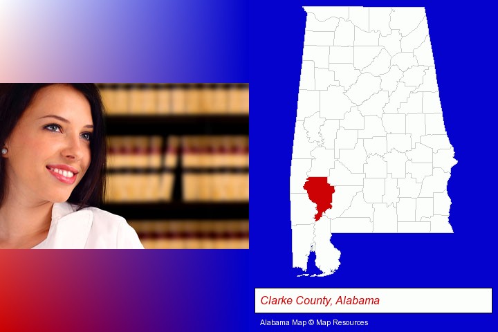 a young, female attorney in a law library; Clarke County, Alabama highlighted in red on a map