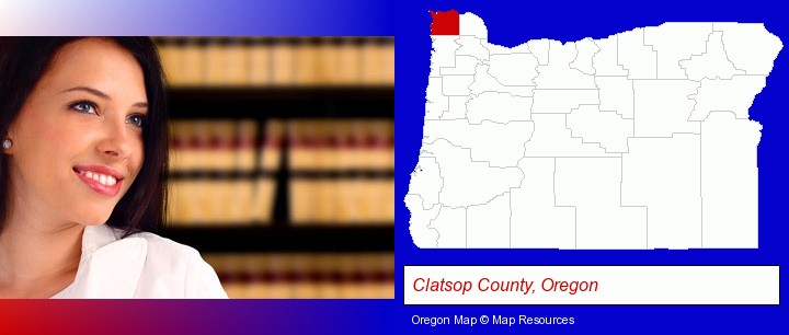 a young, female attorney in a law library; Clatsop County, Oregon highlighted in red on a map