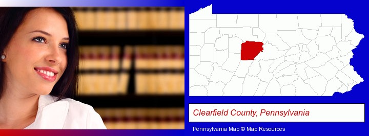 a young, female attorney in a law library; Clearfield County, Pennsylvania highlighted in red on a map