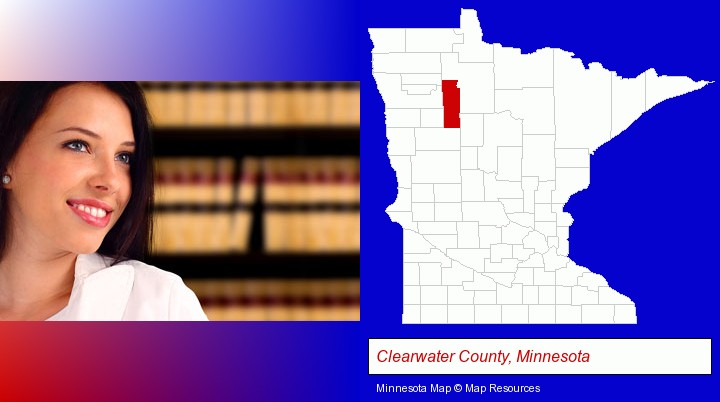 a young, female attorney in a law library; Clearwater County, Minnesota highlighted in red on a map