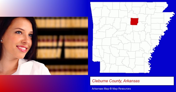 a young, female attorney in a law library; Cleburne County, Arkansas highlighted in red on a map