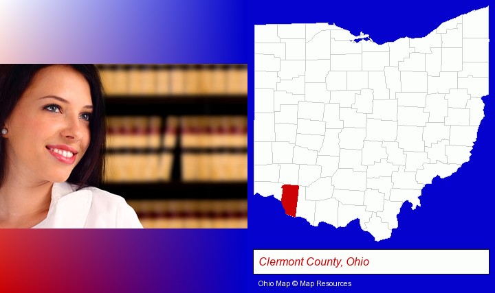 a young, female attorney in a law library; Clermont County, Ohio highlighted in red on a map