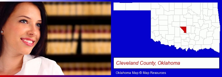 a young, female attorney in a law library; Cleveland County, Oklahoma highlighted in red on a map