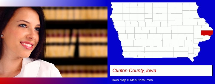 a young, female attorney in a law library; Clinton County, Iowa highlighted in red on a map