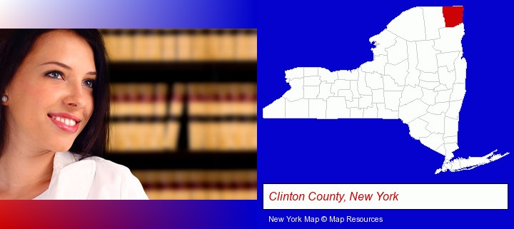 a young, female attorney in a law library; Clinton County, New York highlighted in red on a map