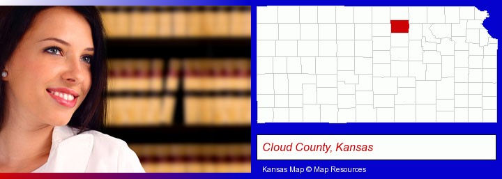 a young, female attorney in a law library; Cloud County, Kansas highlighted in red on a map