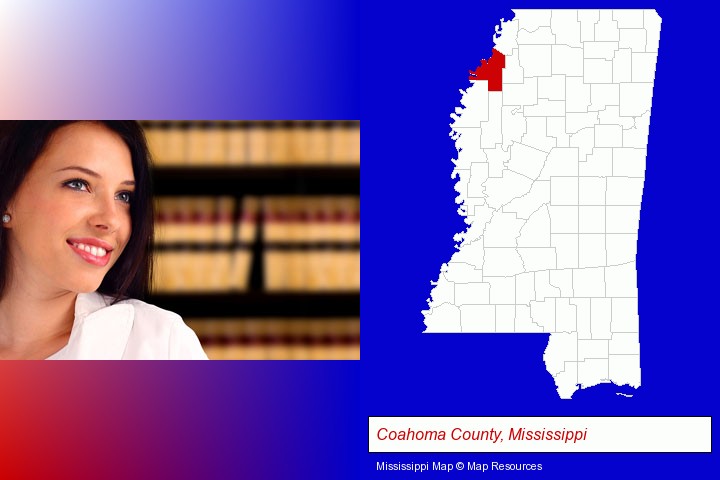 a young, female attorney in a law library; Coahoma County, Mississippi highlighted in red on a map
