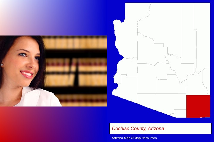 a young, female attorney in a law library; Cochise County, Arizona highlighted in red on a map