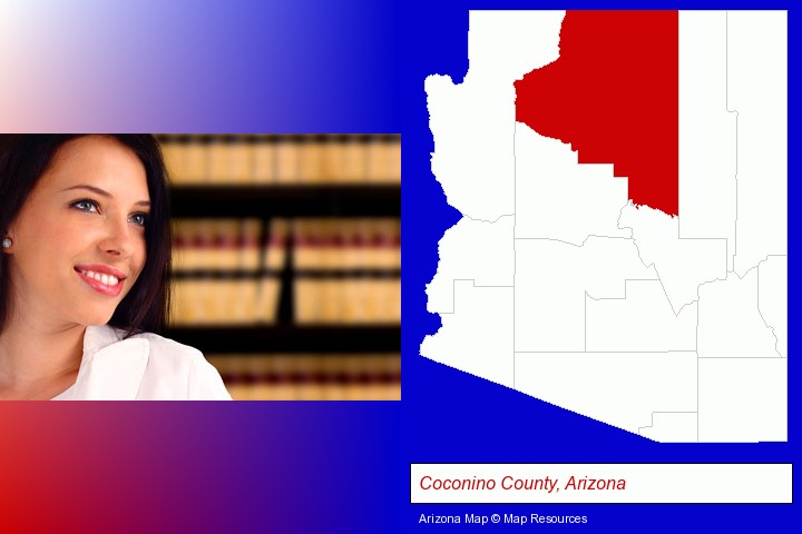 a young, female attorney in a law library; Coconino County, Arizona highlighted in red on a map