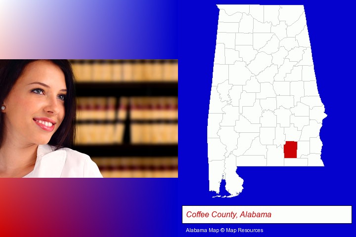 a young, female attorney in a law library; Coffee County, Alabama highlighted in red on a map