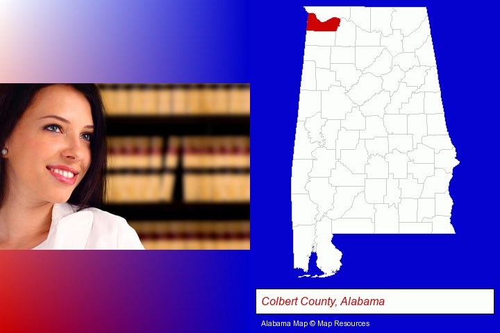 a young, female attorney in a law library; Colbert County, Alabama highlighted in red on a map