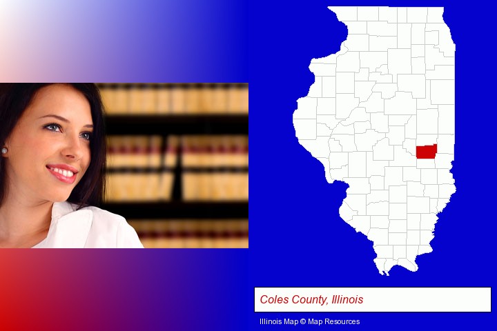 a young, female attorney in a law library; Coles County, Illinois highlighted in red on a map