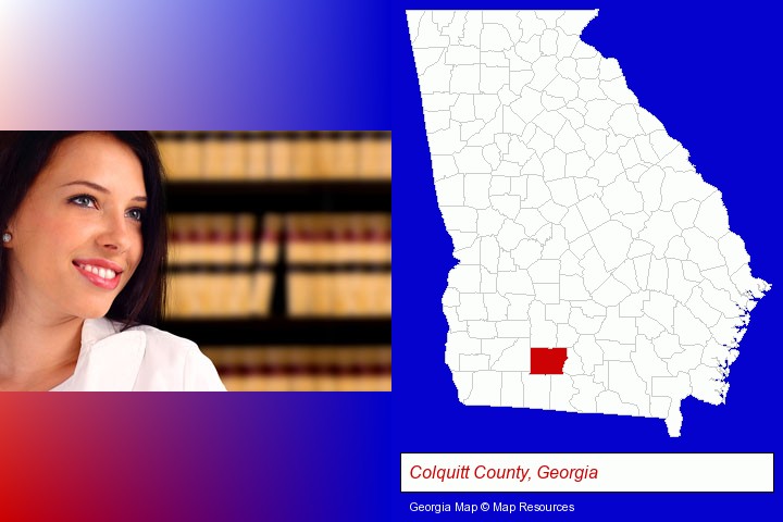 a young, female attorney in a law library; Colquitt County, Georgia highlighted in red on a map