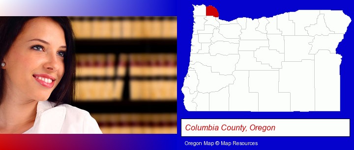 a young, female attorney in a law library; Columbia County, Oregon highlighted in red on a map