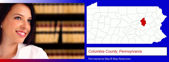 a young, female attorney in a law library; Columbia County, Pennsylvania highlighted in red on a map