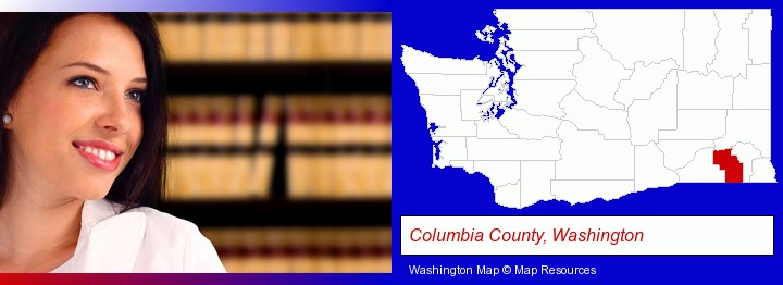 a young, female attorney in a law library; Columbia County, Washington highlighted in red on a map